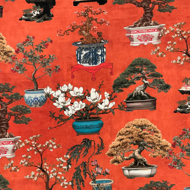 Bright red Japanese bonsai tree fabric for home decor